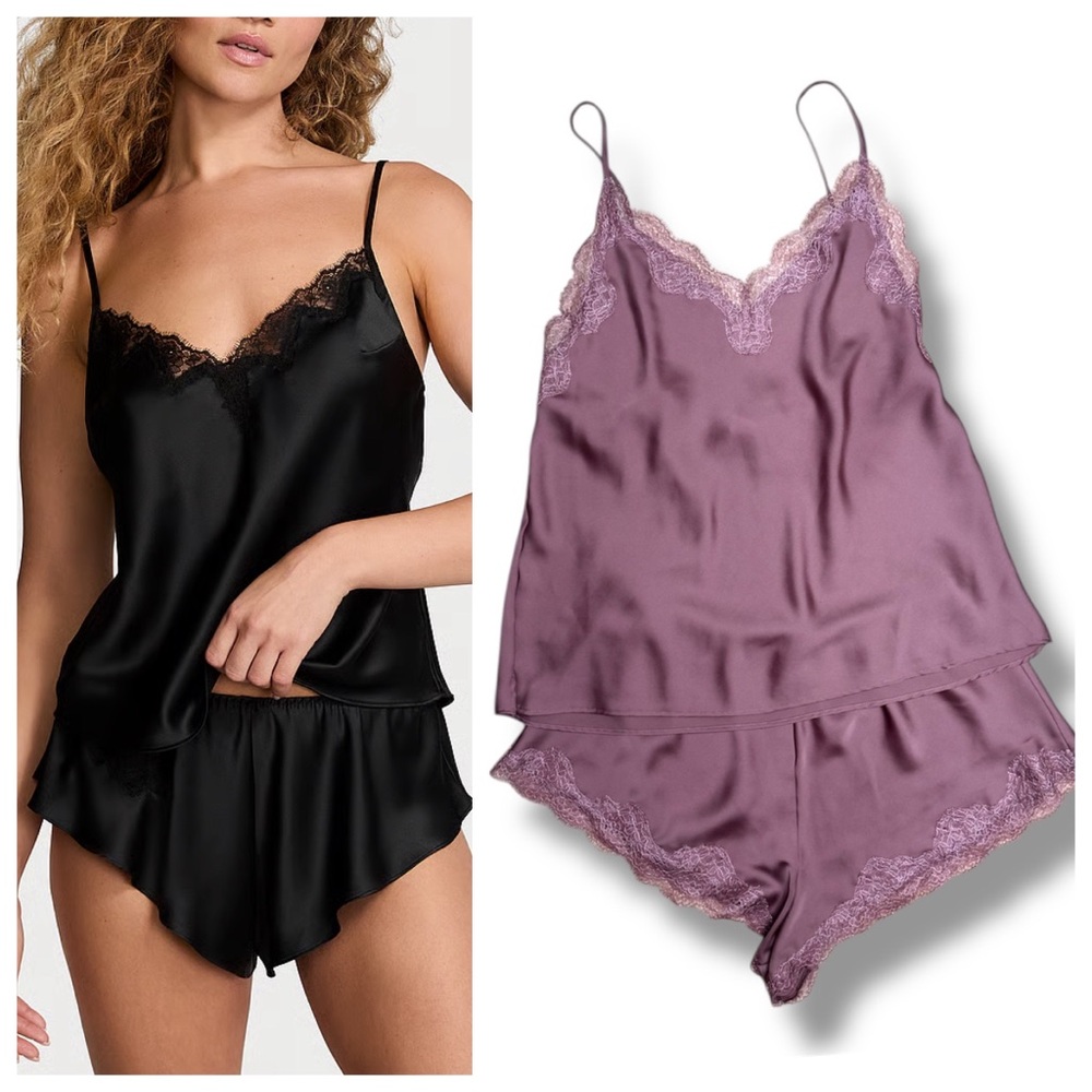 Victoria Secret VERY SEXY Satin Rose Lace-Trim Cami & Flutter Short Set Medium M